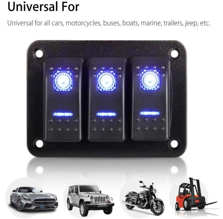 DC 12V 24V LED azul iluminado por trás 3 Gang Alumínio 5 Pin ON Off Toggle Rocker Switch
