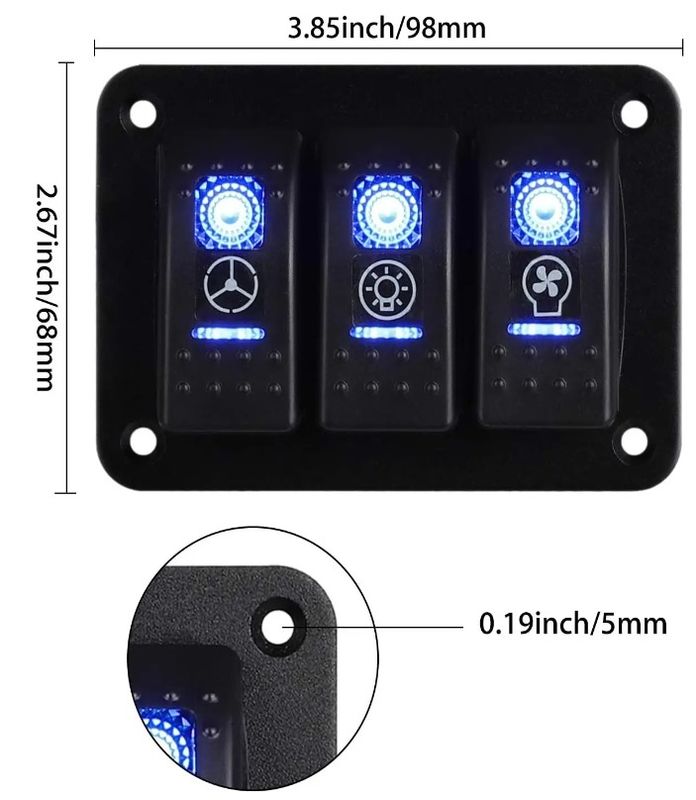 DC 12V 24V LED azul iluminado por trás 3 Gang Alumínio 5 Pin ON Off Toggle Rocker Switch