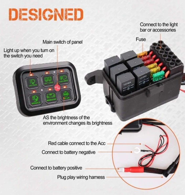 6 Gang 12V Led Switch Panel Kit RGB Automático Dimmable Universal Light Bar Controller com APP