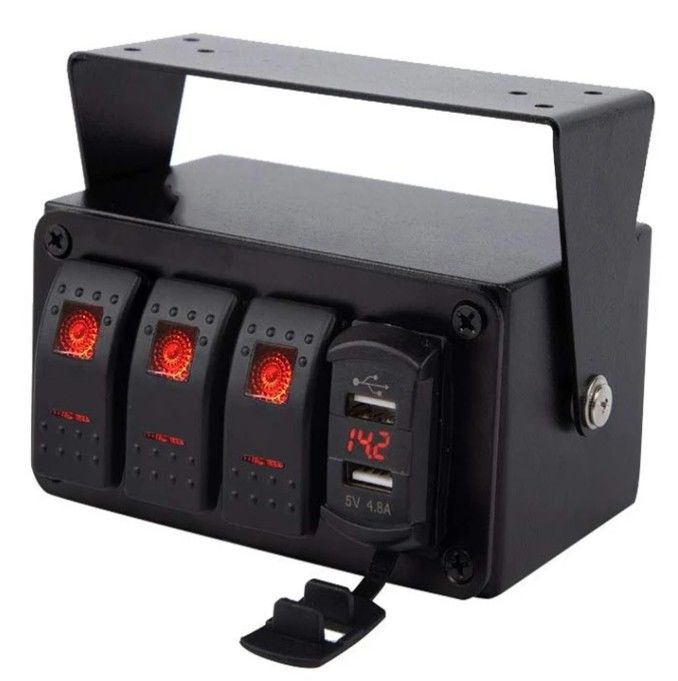 DC12V 24V 3 Gang Red LED Light Rocker Switch Panel Box Com Dual 4.8A USB Charger Voltmeter Para Carros Marinha Caminhões Barcos