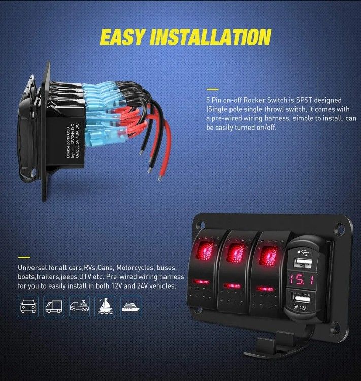 DC12V 24V 3 Gang Red LED Light Rocker Switch Panel Box Com Dual 4.8A USB Charger Voltmeter Para Carros Marinha Caminhões Barcos