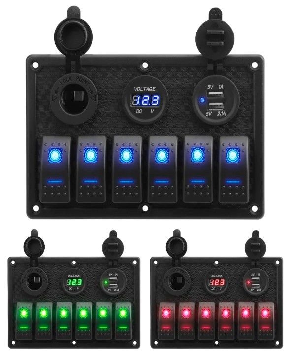 Painel de comutação de roqueiro de barco marinho à prova d'água 6 Gang com tomada USB dupla 3.1A Volt Meter Luz LED azul