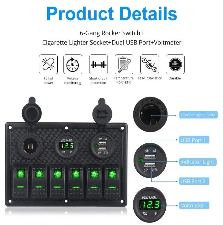 Painel de comutação de roqueiro de barco marinho à prova d'água 6 Gang com tomada USB dupla 3.1A Volt Meter Luz LED azul