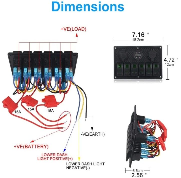 Painel de comutação de roqueiro de barco marinho à prova d'água 6 Gang com tomada USB dupla 3.1A Volt Meter Luz LED azul