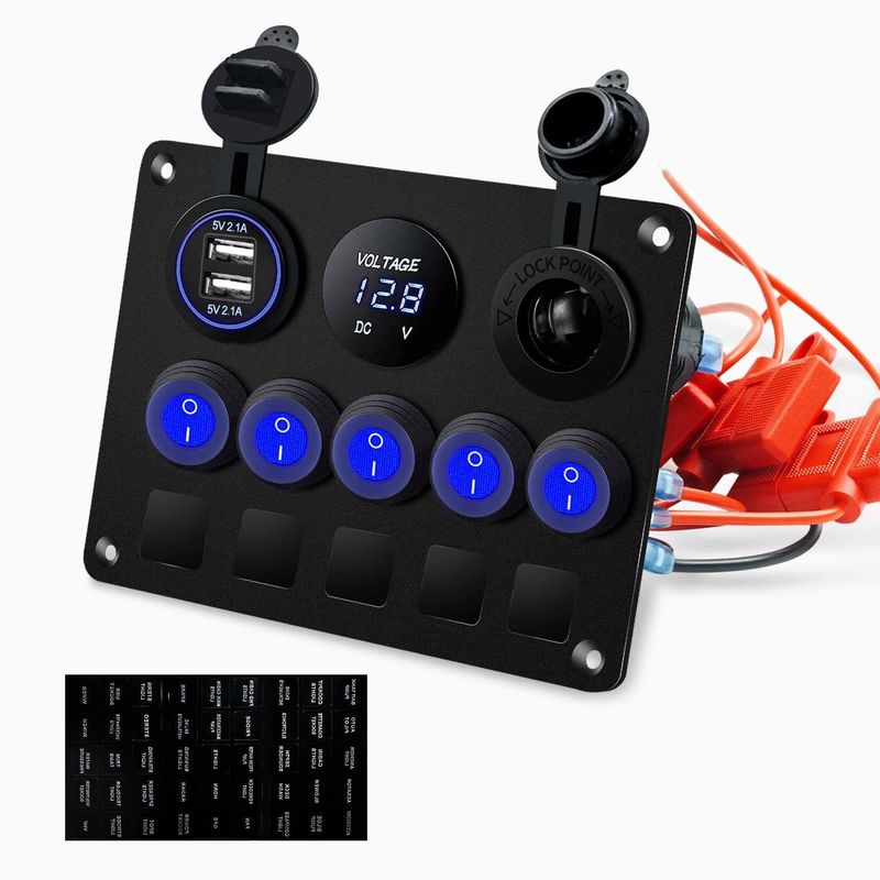5 Gang Waterproof Rocker Switch Panel Com Dual USB Slot Socket Com Luzes LED Azuis