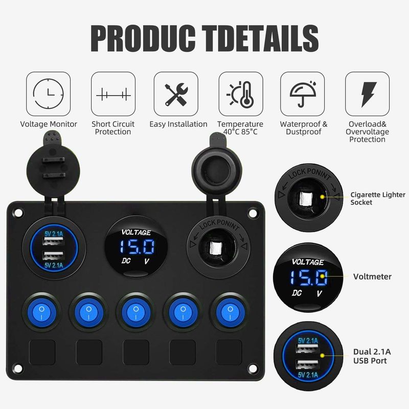 5 Gang Waterproof Rocker Switch Panel Com Dual USB Slot Socket Com Luzes LED Azuis