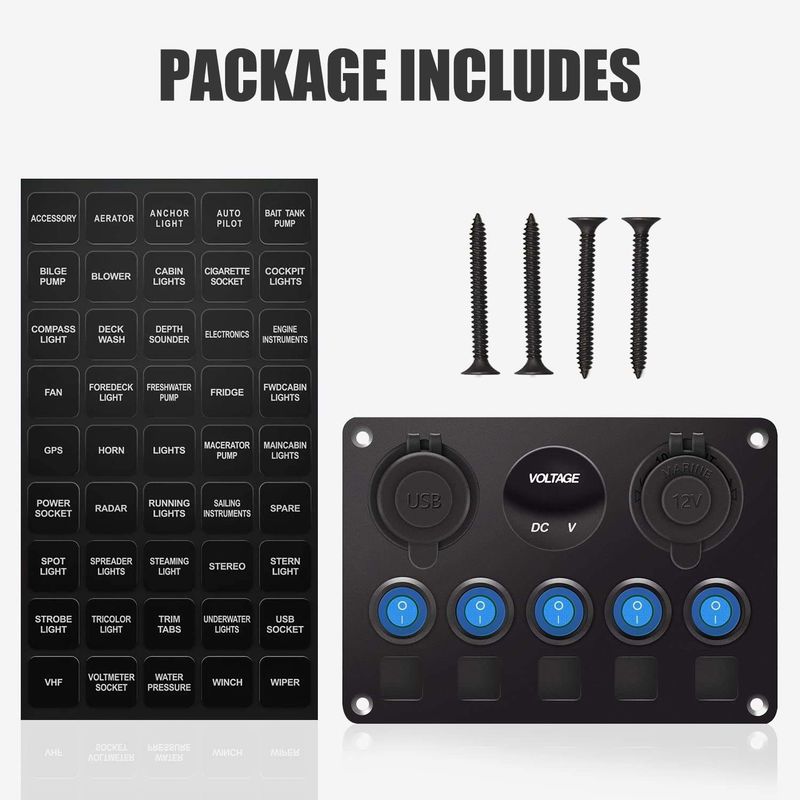 5 Gang Waterproof Rocker Switch Panel Com Dual USB Slot Socket Com Luzes LED Azuis