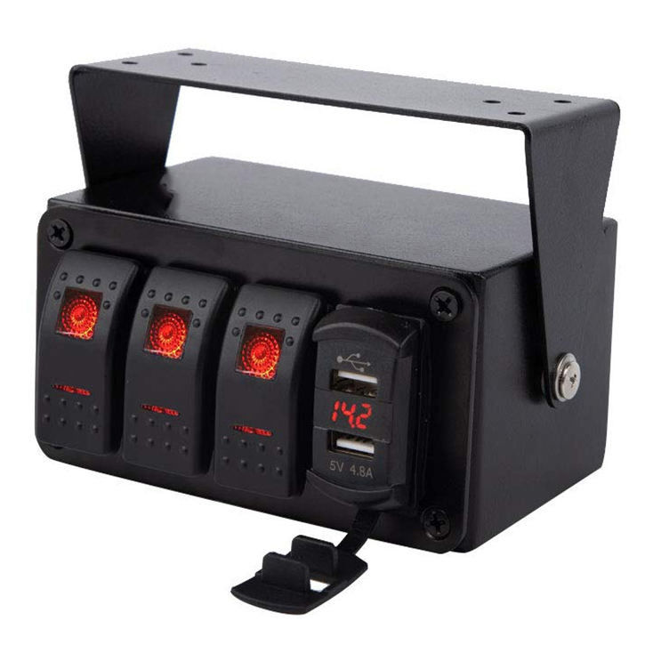 DC12V 24V 3 Gang Red LED Light Rocker Switch Panel Box com carregador USB duplo de 4,8A