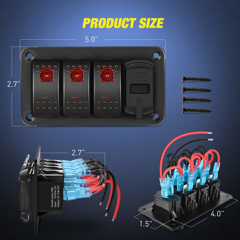 DC12V 24V 3 Gang Red LED Light Rocker Switch Panel Box com carregador USB duplo de 4,8A