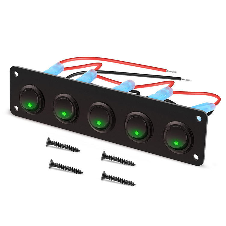 5 Gang Rocker Switch Panel 20A 3 Pin On Off 12V Green Toggle Switch Para Carros Caminhões Barcos