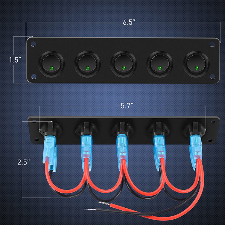 5 Gang Rocker Switch Panel 20A 3 Pin On Off 12V Green Toggle Switch Para Carros Caminhões Barcos